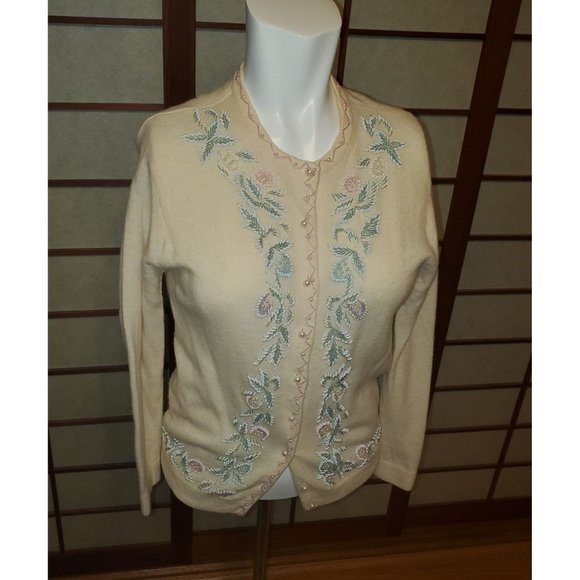 Authentic Original Vintage Style Sweaters - Vintage 1950's Beaded wool Cardigan Sweater S